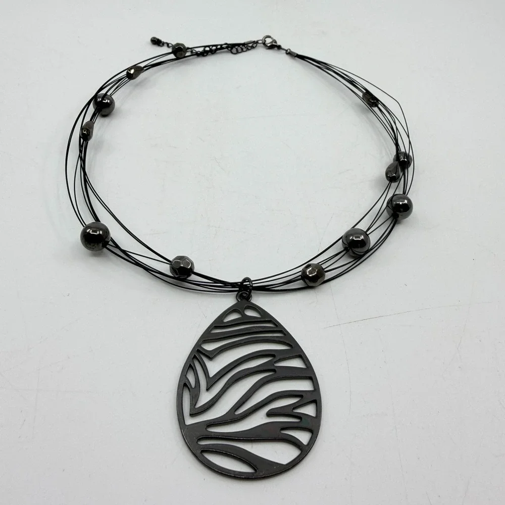 Gunmetal Zebra Teardrop Pendant Multi Strand Wire Necklace Statement Jewelry
